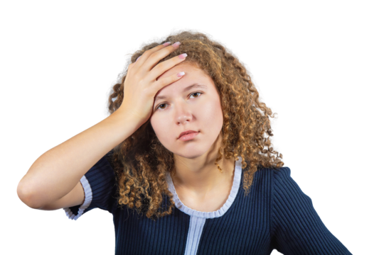 Disappointed teenage girl with curly hairstyle facepalm gesture, looking discontent to camera as forget something. Displeased frizzy young woman adolescent isolated on transparent background