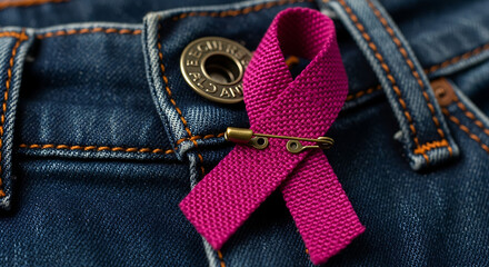 Pink breast cancer awareness ribbon pinned to blue denim jeans as a symbol of support and solidarity for patients and survivors during the campaign month