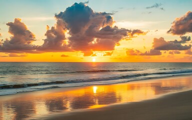 Dramatic sunset over the ocean with colorful clouds and reflections on wet sand