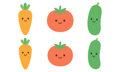 Cute kawaii cartoon vegetables with smiling faces