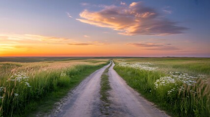Dirt road through a grassy field at sunset with dramatic clouds