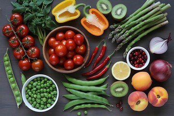 Vibrant assortment of fresh fruits and vegetables on a dark wooden surface