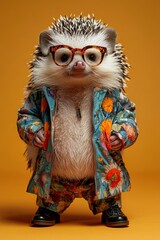 Obraz premium A fashionable hedgehog dressed in a trendy jacket and glasses dances on a wide banner with space for text