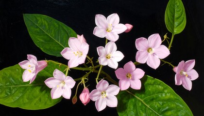 Close-up Shot of Delicate Pink Flowers with Green Leaves on Black Background