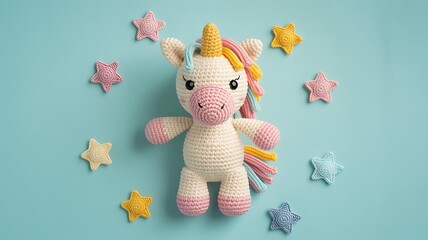 Cute crocheted unicorn toy surrounded by colorful star shapes on a blue background