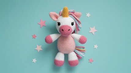 Cute handmade crochet unicorn toy with pink accents on a pastel blue background