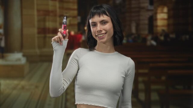 Woman holds vape in church building, smiling with raised arm to display the vaporizer; spiritual rebellion.