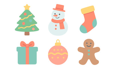 Fototapeta premium Festive holiday icons set featuring snowman, tree, and gingerbread in flat design