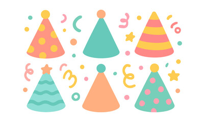 Colorful party hats with patterns and festive shapes for celebration