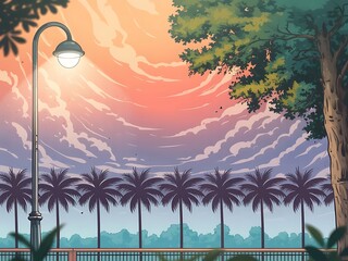 Pixel art street lamp illuminates a serene tropical sunset with palm trees