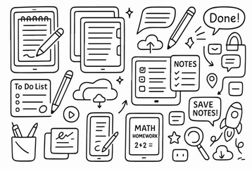 Hand-drawn Doodle Style Vector Set of Digital Notes and Stylus Pens, Black Outline Sketch Illustrations, Ideal for Both Digital and Print Use
