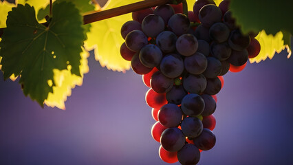Sun-kissed clusters of deep purple grapes gracefully hang from a lush green vine, showcasing the natural beauty and rich abundance of a thriving vineyard at harvest time