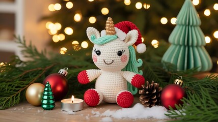 Crocheted unicorn toy wearing santa hat with christmas decorations and lights