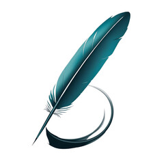 Teal Feather Quill with Swirling Ink Stroke writing