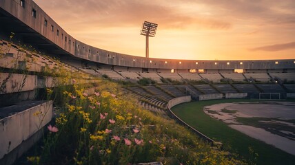 Empty stadium seating under a warm sunset with stadium lights