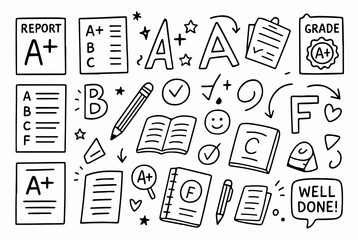 Hand-drawn Doodle Style Vector Set of Report Cards and Grades, Black Outline Sketch Illustrations, Ideal for Both Digital and Print Use
