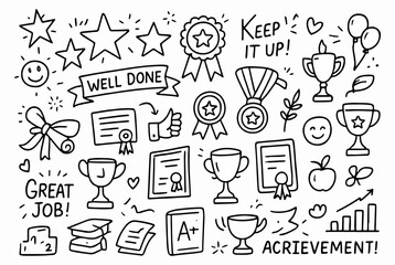 Hand-drawn Doodle Style Vector Set of School Achievements, Black Outline Sketch Illustrations, Ideal for Both Digital and Print Use
