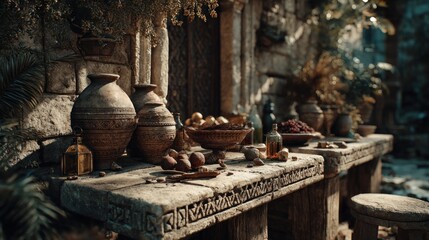 Timeless Still Life: An Ancient Table Displaying Organic Elements and Pottery