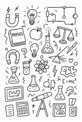 Hand-drawn Doodle Style Vector Set of Physics Elements, Black Outline Sketch Illustrations, Ideal for Both Digital and Print Use
