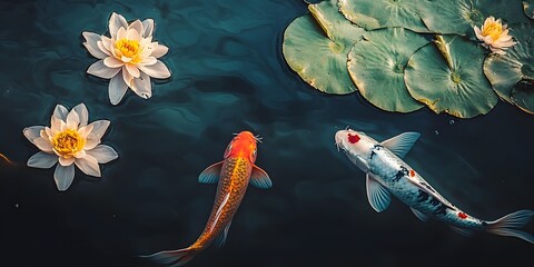 Koi fish swimming serene pond surrounded water lilies and lily pads, aquatic beauty
