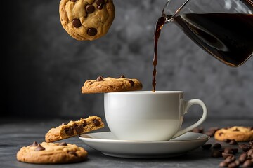 Coffee pouring into cup with floating chocolate chip cookies