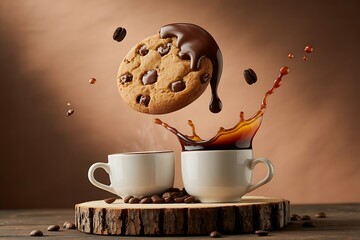 Chocolate drizzled cookie floating over coffee splash and mugs