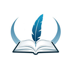 Open book with blue quill pen and crescent shapes writing