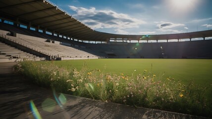 Empty soccer stadium with lush green field and dramatic sky