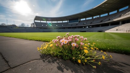 Wildflowers growing on a sports stadium track near a grassy field