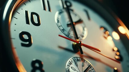 Close up of a ticking analog clock showing precise time in a dimly lit room highlighting intricate details of clock face and hands - Powered by Adobe