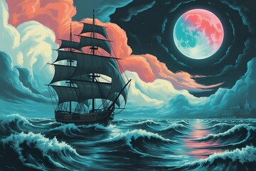 Mysterious pirate ship sails through stormy seas under a colorful moon