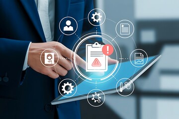 Business professional using tablet with digital workflow and process management icons