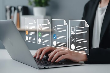 Businesswoman reviewing digital documents and data on a laptop screen