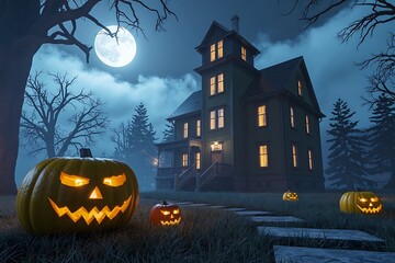 Spooky halloween haunted house with jack o lanterns under a full moon