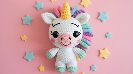 Adorable crocheted unicorn toy with colorful mane and pastel stars on pink background