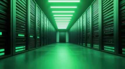 Fototapeta premium Server racks in a green lit data center hallway with glowing lights server room