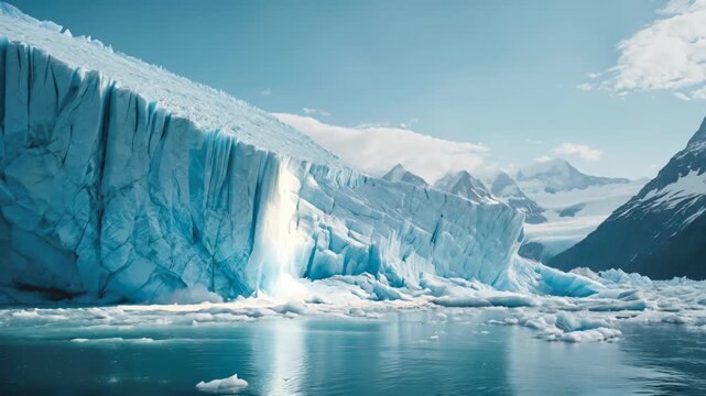 Majestic glacier reflecting sunlight in serene glacial lake during midday in a remote arctic region