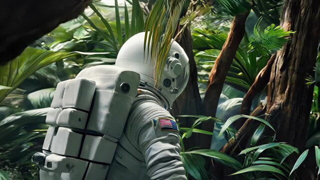 Astronaut exploring a lush jungle environment with tropical vegetation and a futuristic spacesuit