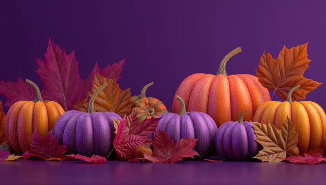 Vibrant pumpkins and autumn leaves against a purple background for seasonal decor

