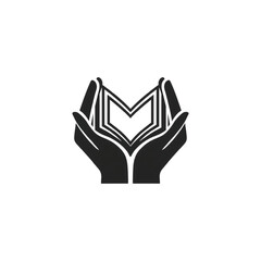 Black open book held by cupped hands icon holding