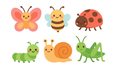 Cute cartoon insects collection with butterfly, bee, and more in flat style