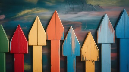 Colorful wooden fence pickets arranged in a row against a textured background