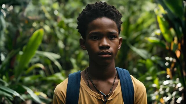 Young boy in a lush green forest wearing a backpack and looking thoughtfully into the distance during daylight