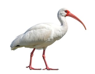 Obraz premium A white bird with a long, curved, red beak, standing on thin legs