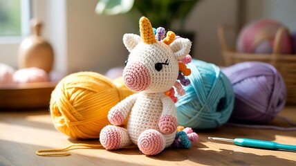 Adorable crocheted unicorn toy surrounded by colorful yarn and crafting supplies