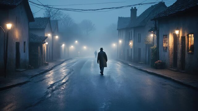 Mysterious figure walks down a foggy street in a quiet village during the evening