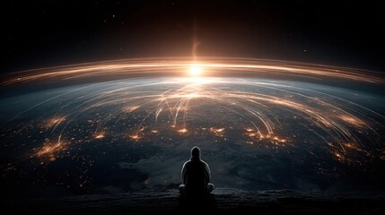 Fototapeta premium Meditating figure observes vibrant global network connections radiating across planet Earth at sunrise