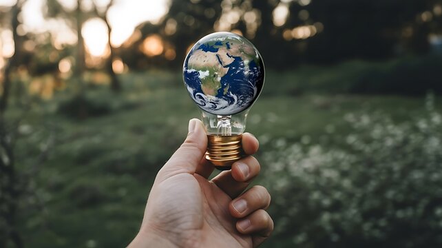 Hand holding light bulb with earth globe inside over green nature background
