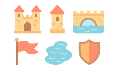 Medieval fortress elements in flat design with castle, tower, and shield motifs