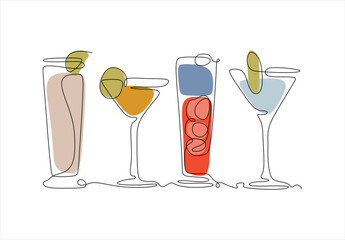 Cocktail Glass Line Collection. line icon-continuous line drawing. Editable stroke.	